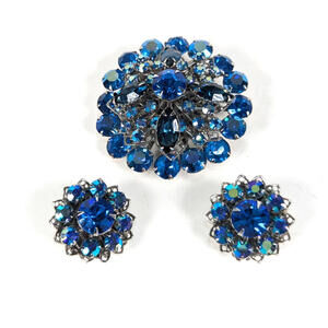 Vtg Blue Aurora Borealis Rhinestone Brooch & Earring Set Domed Prong Silver Tone